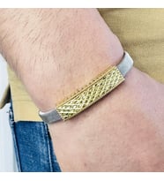 Gümüş Erkek Bileklik 14k Altın Kaplama ,ışıltılı Desen Gümüş Ve Kararmaz Çelik Bant, Şık Hediye (Gold)