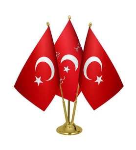 Masa Üstü İttihat ve Terakki Bayrağı Türk Bayrağı Üçlü Pirinç Direk Masa Bayrak Seti