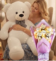 90 Cm Peluş Ayı ve LED Işıklı Romantik Lila Yumoş Peluş Ayıcık Buketi Doğüm Günü Hediyesi (Beyaz)