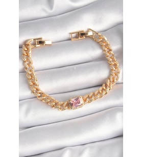 Pirinç Gold Renk Pembe Kare Zirkon Taşlı VIP Seri Kadın Bileklik (Çok Renkli)