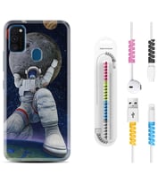 Samsung M21 M22 M23 M30 M31S M32 Kılıf Kablo Koruma Spiral Silikon Astronot ve Dünya 1759