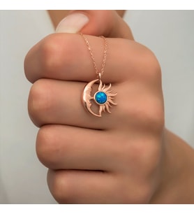 Opal Mavi Taşlı Ay Ve Güneş Kolye-925 Ayar Gümüş