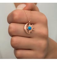 Opal Mavi Taşlı Ay Ve Güneş Kolye-925 Ayar Gümüş