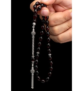 Sertifikalı Gümüş Tasarım Orijinal Damla Kehribar Tesbih 7.5x11mm 19Gr Arpa Kesim (Bordo)