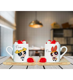 Powerpuff Blossom & Bubbles Arkadaş Çift Tasarımlı Çift Ahşap Tabaklı Kişiye Özel Türk Kahvesi Fincanı Seti