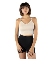 Kadın Krem İp Askılı Fitted/Vücuda Oturan Fitilli Örme Crop Top Bluz 23K-TRP-CRP05