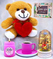 Premium Özel Hediye Seti Pembe Türk Kahvesi Fincanı, Mum, Ayıcık, Işıklı Fanus (Model 8)