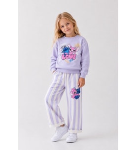 Love Baskılı Eşofman Çizgili Detaylı Kız Çocuk Sweatshirt & Eşofman Alt Üst Takım - Lila