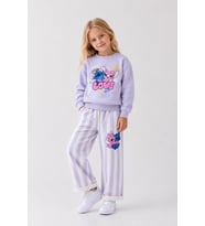 Love Baskılı Eşofman Çizgili Detaylı Kız Çocuk Sweatshirt & Eşofman Alt Üst Takım - Lila