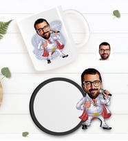 BK Gift Kişiye Özel Elvis Presley Karikatürlü Beyaz Kupa ve Ahşap Bardak Altlığı Hediye Seti-1