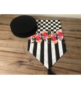 DAMA DESENLİ FUŞYA ÇİÇEKLİ RUNNER & SUPLA (Krem)