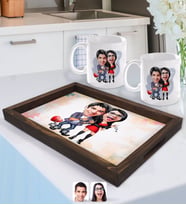 BK Gift Kişiye Özel Sevgililer Karikatürlü Doğal Ahşap Tepsi ve 2’li Kupa Bardak Seti-1