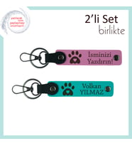 Hayvan Sevgisini Yansıtan Deri Set, Kalpli Pati Motifiyle Kişiye Özel Tasarım, Pembe-Koyu Turkuaz