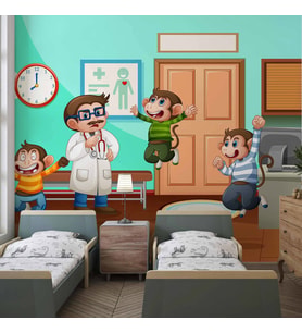 Doktor ve Maymun Desenli Çocuk Oyun Odası Duvar Kağıdı Baskı