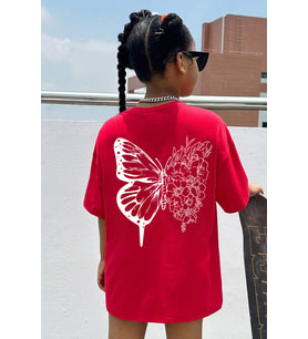 Çocuk Flower Butterfly Baskılı Pamuklu Tshirt (Kırmızı)