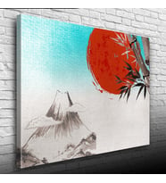 Japon Bayrağı ve Karlı Dağlar Yağlıboya Kanvas Tablo 50 x 70