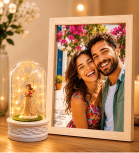 Kişiye Özel Fotoğraflı Ahşap Çerçeve ve LED Işıklı Şans Melekli Fanus Sevgiliye Hediye