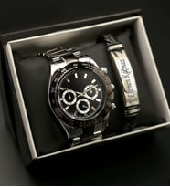 Kişiye Özel Metal Bileklik & Siyah Kadranlı Metal Rolex Model Erkek Kol Saati Hediye Seti