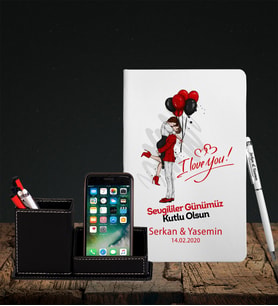 Sevgililer Gününe Özel Beyaz Defter Kalem & Deri Kaplama Kalemlik Hediye Seti 18
