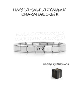 Çelik Bileklik İtalyan Charmlı Kalpli Harfli Kararmaz Solmaz En Güzel Hediye 1 Adet Uniseks Kutulu