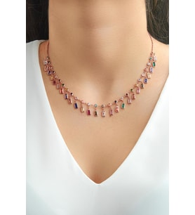 GÜMÜŞ ROSE RENK RENKLİ ZİRKON TAŞLI KOLYE