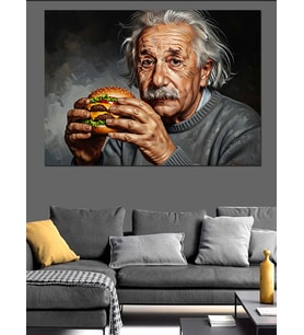 Hamburger Yiyen Bilim İnsanı Einstein Dekoratif Kanvas - Mdf Ahşap Tablo