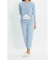 Tarz Rahat Uzun Kollu Boru Paça 3lü Kalpli Uyku Bantlı Polar Kışlık Örme Pijama Takımı (Mavi)