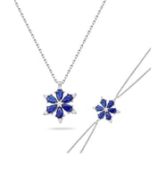 925 Ayar Lotus Çiçeği Safir Taşlı Gümüş Kolye Bileklik Set (Gümüş-Lacivert)