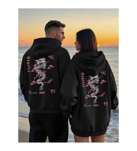 Sevgili Çift Kombin Ejderha Desenli Baskılı Renk Kapüşonlu Sweatshirt 2li Set Takım 3 İplik Pamuk (Siyah-Siyah)