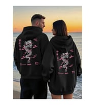 Sevgili Çift Kombin Ejderha Desenli Baskılı Renk Kapüşonlu Sweatshirt 2li Set Takım 3 İplik Pamuk (Siyah-Siyah)