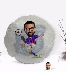 BK Gift Kişiye Özel Bordo Mavi Futbolcu Karikatürlü Yuvarlak Dekoratif Kırlent Yastık-1
