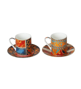 Lucky Art Florance Bone China Porselen Mavi Kırmızı Barok Desenli 2 li Kahve Fincanı Seti LYHD 613 (Çok Renkli)