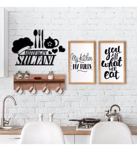 BK Home Doğal Ahşap Raflı Dekoratif Fincan Askılığı Mutfak Konseptli 2’li Ahşap Tablo ve Duvar Süsü-8 (Beyaz)