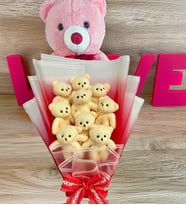 Premium 35 cm Peluş Ayı ve Romantik Kırmızı Peluş Ayıcık Buketi (Pembe)