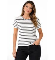 Sailor Kadın Çizgili Yazlık Triko T-Shirt Bisiklet Yaka Rahat Kalıp Tişört - Beyaz