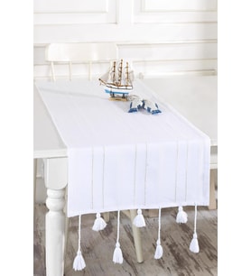 Beyaz Ajurlu Ponponlu 50x130 cm Runner