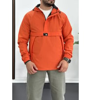 Erkek Slim Fit Krinkıl Kumaş Kanguru Cepli Yarım Fermuarlı Yağmurluk Mont Kırmızı Edw077