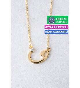 Jewelmim Gümüş Vav Kolye Sarı Altın Kaplama Vav Harfli Kolye Taşlı Vav Gümüş Kolye 925 Ayar Kadın Gümüş Kolye (Sarı)