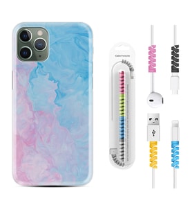 Apple iPhone 11 12 13 14 Pro Max Kılıf Kablo Koruma Spiral Silikon Pink Blue Abstract 1385