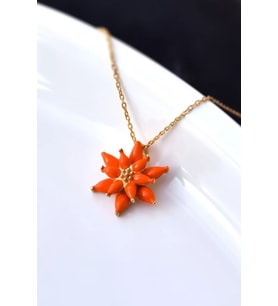 925 Ayar Gümüş Turuncu Mineli Lotus Çiçeği Kolye (Rose)