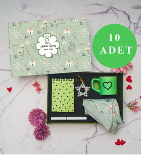 Kadınlar Günü 10’lu Set   Fincan, Defter, Kalem, Anahtarlık, Fular,