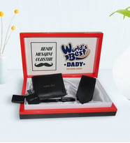BK Gift Kişiye Özel Dünyanın En İyi Babası Tasarımlı Mesajlı Kutuda Cüzdan Kravat Çakmak ve Kalem Hediye Seti-3