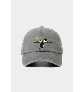 Penguen Nakışlı Gri Unisex Baseball Cap – Yıkamalı Vintage Stil