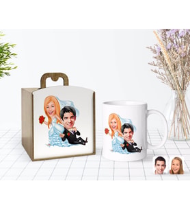 BK Gift Kişiye Özel Ahşap Kutuda Evleniyoruz Karikatürlü Beyaz Kupa Bardak-2