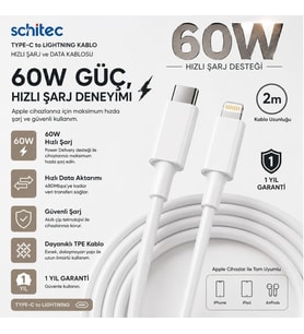 ScHitec 3A 60W Type-C to Lightning Hızlı Data ve Şarj Kablosu 2 Metre Beyaz SX252M