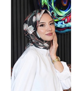Lale Desen Antrasit Soft Pamuk Eşarp (Standart)