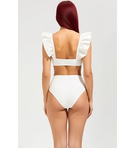 Kadın Bikini Takımı Dokulu Örme Fırfırlı Bralette Balensiz Yüksek Bel Hipster Kolsuz Kapalı Arka