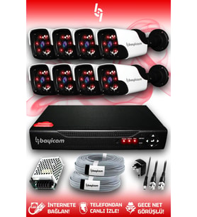 BAYICAM 8 Kameralı Panda 8 Dış Kamera Set HDD'siz Full HD Gece Görüşlü Güvenlik Kamerası Sistemi