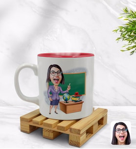 BK Gift Kişiye Özel Kadın Öğretmen Karikatürlü İçi Kırmızı Renkli Kupa Bardak Model 1