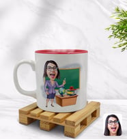 BK Gift Kişiye Özel Kadın Öğretmen Karikatürlü İçi Kırmızı Renkli Kupa Bardak Model 1